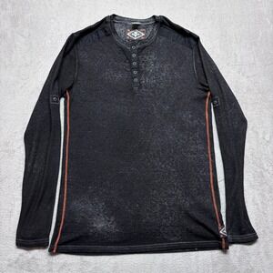 Affliction Mens L Henley Shirt Black Waffle Knit Long Sleeve Y2K Thermal USA